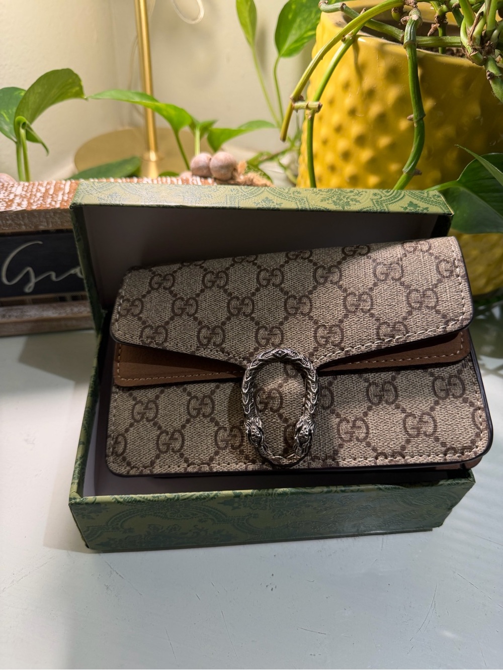 Gucci Beige Brown GG Supreme Crossbody Bag with Silver Tiger Ring